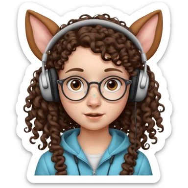 brunette kid with unique face features and very curly long hair kid girl neutral and very big nose and ears and dark eyes with freckles kind of nerd looking and headphone wearing sticker