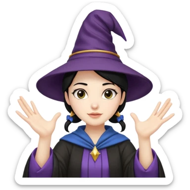 female wizard with black hair in a low bun under a wizards hat with both hands palm up sticker