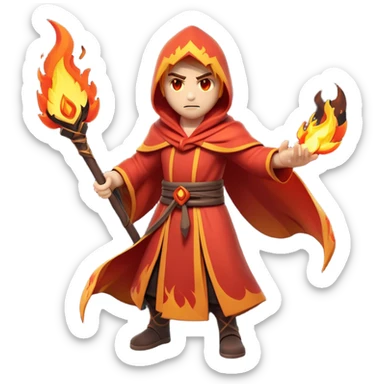 Clash of Clans aesthetic: Cinematic Ferocious Fire Mage Hero Emoji, rendered in a 3D vector-style similar to standard emojis with minimal shading and bold, simplified shapes. A compact, isometric figure draped in flowing, charred and ember-lined robes, wielding a fiery staff crackling with intense flames. Eyes burning with an infernal glow, exuding raw, untamed power. Simplified yet unmistakably iconic, highly detailed and consistent, glowing with a fiery, molten radiance and high shine. Stylized with a touch of menacing sorcery and a searing, ember-infused outline, capturing the essence of a wrathful mage ready to unleash devastating fire magic! sticker