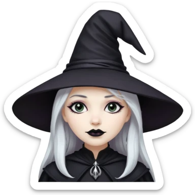 White hair pale skin woman with black lipstick, black eyeshadow, gothic style wearing a witch hat sticker