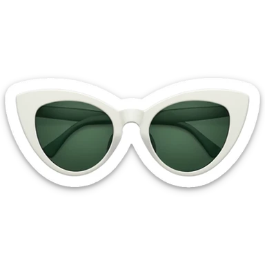 cat eye shaped sunglasses with white frame and dark green lenses, folded sideways, slightly top view, temples visible, emoji style sticker