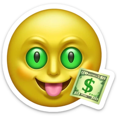 money face emoji. The face should be bright yellow, with exaggerated dollar-sign eyes glowing in neon green, and a tongue sticking out shaped like a crisp $100 bill. Add a shiny, golden aura behind the face sticker