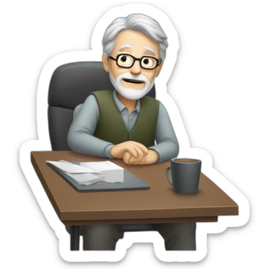 old man with grey hair and beard and glasses sitting at a desktop working sticker