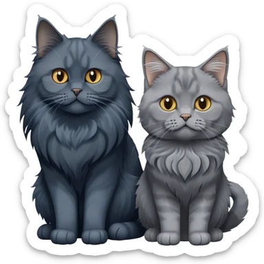 Portrait of a black smoke Maine Coon cat with long grey ear tufts, alongside a British Shorthair cat with a solid blue coat. Both cats with detailed fur textures and playful expressions. Soft, elegant background of room with warm, natural tones. Transparent background. sticker