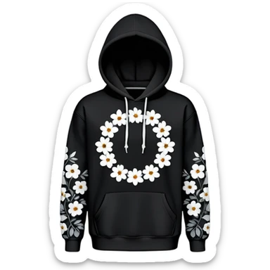 The BLACK Denim Tears Hoodie features a black base with medium-sized black and white flowers. Each flower has a white outer ring with an open, hollow center, giving it a bold and distinctive look. These ring-like floral patterns are scattered across the hoodie, covering the front, sleeves, and hood for a balanced yet eye-catching design. sticker