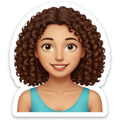 realistic emoji of a smiling woman with dark natural curly shoulder-length hair, full lips, visible freckles, almond-shaped eyes, proportionate nose, glowing complexion, warm comforting expression sticker