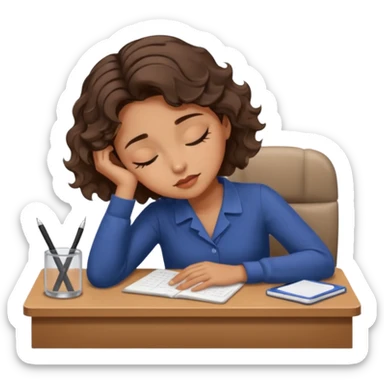 Pretty brown model, brown eyes, soft short wavy hair, falling asleep at desk sticker