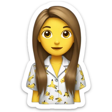 Brown straight long hair white woman wearing pikachu pyjama sticker