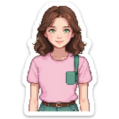 teacher with brown hair, white skin, wearing a pink t-shirt sticker