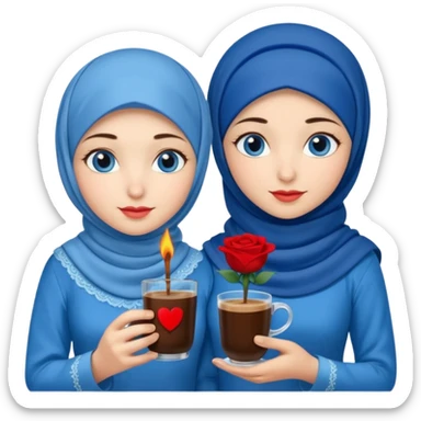 Turkish beautiful finish Konya two girls blue eyes with blue hijab islamic dress and had on her hand Rose Cold turkish coffee   sticker