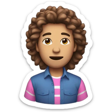 a male human with brownpuffy  hair, a blue shirt with two pink stripes on it black pants and eyes-closed and mouth straight sticker