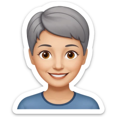 woman 60 years old, shaved short uncombed dark grey hair, brown eyes smile sticker