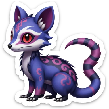 Rare warm-colored exotic gloomy tropical edgy cute epic aesthetic spooky indigo purple white black red gothic colorful Salandit-Furret-Espurr-Meowstic-Civet-species-Fakemon-hybrid-creature, with tribal tattoo markings, full body sticker