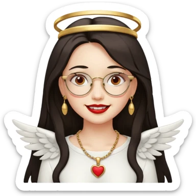 Angel girl with eyeglasses and Middle parted hair long dark hair with red lipstick  and push gold necklaces and dark eyes with withe wings and smile with withe teeth sticker