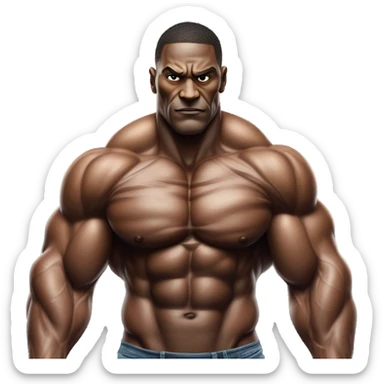 A hyper-muscular man with veins prominently visible across his massive arms and chest, each of his arms measuring 180 centimeters in width. his exaggerated physique creates an even more surreal and intense visual. sticker