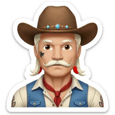muscular tattooed on face and mustached cowboy long white hair  sticker