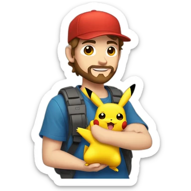 white man with brown hair and beard and a red cap, holding and a pikachu pokemon sticker
