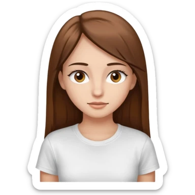 Chica de pelo liso ,largo y marrón con ojos color marrón claro y una camiseta blanca y la piel blanca con pestañas sticker