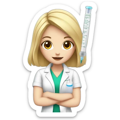 A white girl with black hair, a pharmacist with a medicine syringe in her hand sticker