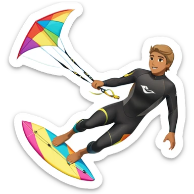 A kite surfer gliding across the ocean, with a colorful kite soaring high in the sky and the surfer carving through the waves. The scene captures the energy and freedom of the sport, with the sun shining and the ocean's waves splashing around. sticker