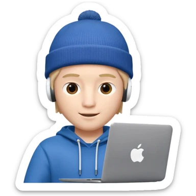 Apple Memoji–style 3D avatar of a young male with a beanie and AirPods, using a laptop, soft lighting, white background. sticker