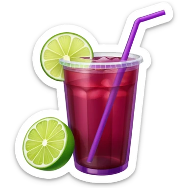 maroon purple cocktail with a lime in a plastic cup with lid and straw  sticker