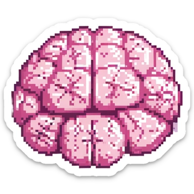 16-bit pixel art of a pink brain-shaped blob, smooth rounded brain texture, simple retro gaming style sticker