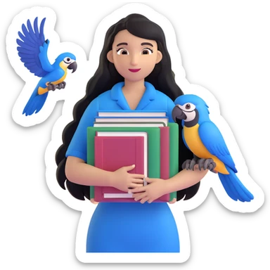 woman with long black hair and light brown skin, holding a stack of books in her arms, blue macaws flying around her, face as the focal point, with the arches of Atalaia Beach subtly in the background sticker