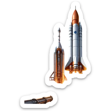  Cinematic Realistic Rocket Launch – A powerful, fiery scene of a massive rocket lifting off, its engines producing a bright, billowing inferno. The metallic body gleams in the sunlight, with intricate paneling and realistic textures bringing out its engineering marvel. Thick clouds of smoke and steam rise as it ascends into the sky. sticker