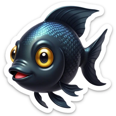 Cinematic Cute Black Goldfish Portrait Emoji, Head tilted playfully and inquisitively, featuring a glossy, deep black body with shimmering scales and round, sparkling golden eyes filled with curiosity, Simplified yet irresistibly adorable features, highly detailed, glowing with a warm, friendly glow, high shine, affectionate and lively, stylized with a touch of whimsy, bright and endearing, soft glowing outline, capturing the essence of a mischievous yet loving goldfish, so playful it feels like it could swim out of the screen and into your heart! sticker