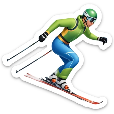 An icon featuring snowy peaks, pine trees, and a picturesque mountain landscape with a skier racing down a snow-covered slope, The sky is blue with soft clouds, capturing the thrill and beauty of alpine skiing. Transparent background highlights the excitement and serenity of winter sports. sticker