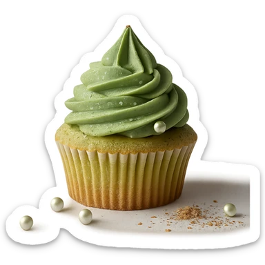Change the icing to matcha (green tea) flavor, keep the realistic cupcake and accessories, photorealistic style, transparent background. sticker