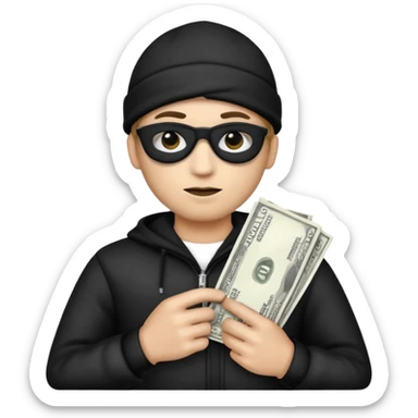 Make a robber emoji holding a bank cash with black white pattern  sticker