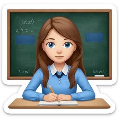 high school class room with a pretty female high school student with long brown hair, blue eyes sitting in front of the blackboard sticker