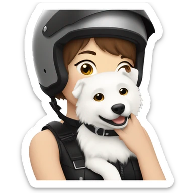 Girl biker white skin and brown short hair with a agv black helmet hugging a white Samoyed sticker