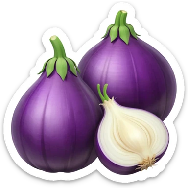 Eggplant beside onion and garlic sticker