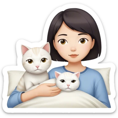 Short hair Asian girl wake up with white cat  sticker