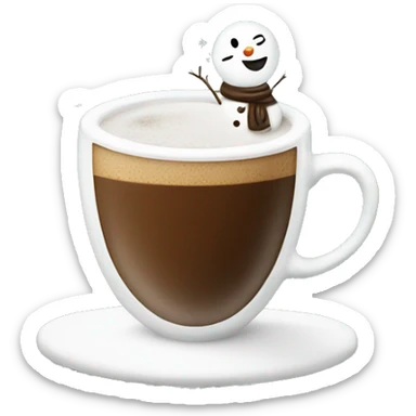 Cup of coffe that has a snow man drawn on the actual coffee  sticker