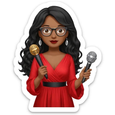 singer, Middle age, long wavy black hair, brown skin, wearing dress, holding mic, glasses sticker
