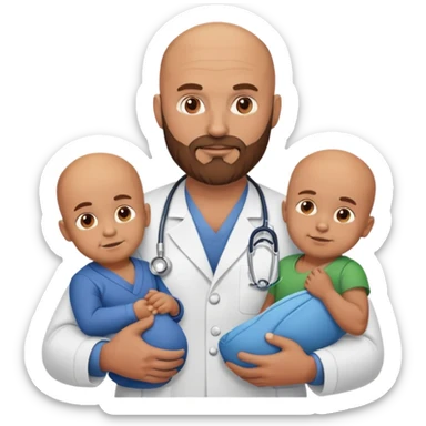 Muscular bald doctor with brown beard holding three sons sticker