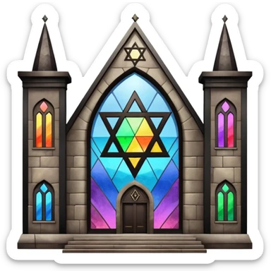 jewish synagogue temple in dark goth aesthetic style with black building and rainbow tint glass windows and star of david sticker