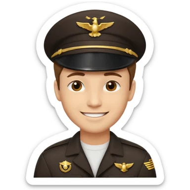 A light-skinned man with short brown hair, brown eyes, and a cheerful smile, wearing a dark pilot cap with a gold emblem. sticker