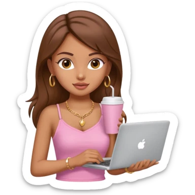 a pretty fair indian bratz girl with brown hair. with a pink cami top, drinking takeaway brown coffee, golden dainty necklace and carrying a white laptop sticker