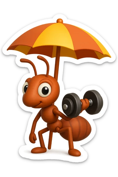 EMOJI STILE IPHONE 3D DI una formica che si allena sotto l'ombrellone in spiaggia con un manubrio da palestra in mano, fagli anche la parte bianca degli occhi, non solo la pupilla sticker