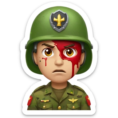 scowling soldier emoji with red skin tone, blood splatter on left cheek, wearing green helmet and military uniform, facing slightly left, 2d apple emoji style sticker