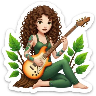 woman with long curly brown hair, brown eyes, white skin, tattoos, playing a root-shaped electric guitar that grows leaves from the strings, psychedelic glow, forest stage aura sticker