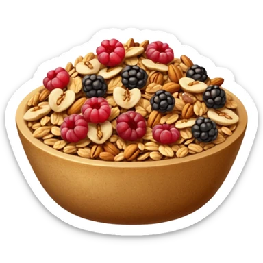 small cluster of granola with visible rolled oats, crisped clusters, nuts, seeds, dried fruit, golden brown to beige colors with hints of red or dark brown, crunchy rustic texture, irregular shapes, no bowl, yogurt, spoon, or faces, clean 3D style, soft lighting, transparent background, emoji scale sticker