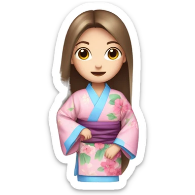 cute girl long brown straight hair and blue eyes in pink flower kimono sticker