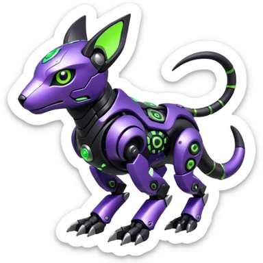 Futuristic mechanical cyborg modern badass cool shiny metallic alloy black-obsidian purple neon-green white lime animal hybrid Fakemon full body with intricate patterns sticker