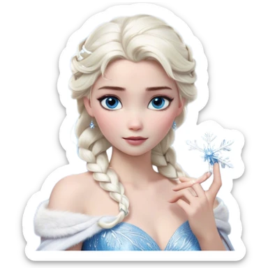 Cinematic Realistic Elsa Portrait, depicted with lifelike skin texture, soft natural lighting, and intricately detailed platinum blonde hair styled elegantly. Her striking, expressive blue eyes exude confidence and grace, complemented by a serene and regal expression. She holds a shimmering snowflake delicately in one hand, her other hand resting against her gown, embodying the power and beauty of winter. She is dressed in her signature icy attire, with shimmering fabric textures and delicate folds that catch the light beautifully. The portrait features a soft, enchanting glow with a cool, radiant finish, capturing the essence of timeless elegance in a realistic and painterly style. sticker
